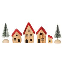Artikel Houten decoratieve huisjesset met rode daken en sparren, 12 cm, 6 stuks
