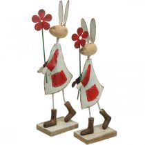 Paasdecoratie, konijn van metaal, lentedecoratie, paashaas met bloem rood, beige H21cm 2st