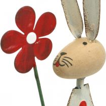 Artikel Paasdecoratie, konijn van metaal, lentedecoratie, paashaas met bloem rood, beige H21cm 2st
