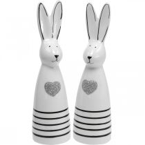 Konijn keramiek zwart en wit, Paashaas decoratie paar konijnen met hart H20.5cm 2st