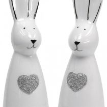 Konijn keramiek zwart en wit, Paashaas decoratie paar konijnen met hart H20.5cm 2st