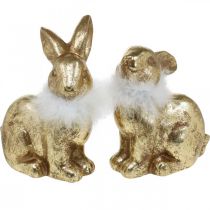 Gouden konijn zittend goudkleurig terracotta met veren H20cm 2st