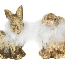 Gouden konijn zittend goudkleurig terracotta met veren H10cm 4st
