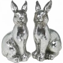 Deco konijn zittend paasdecoratie zilver vintage H17cm 2st