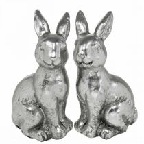 Deco konijn zittend paasdecoratie zilver vintage H13cm 2st