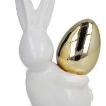 Konijnen met gouden ei, keramische konijnen voor Pasen nobel wit, gouden H13cm 2st