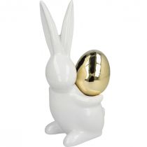 Elegante paashazen, keramische konijntjes met gouden ei, paasdecoratie wit, gouden H18cm 2st