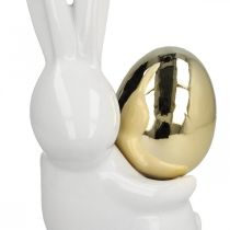 Elegante paashazen, keramische konijntjes met gouden ei, paasdecoratie wit, gouden H18cm 2st