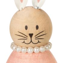 Artikel Decoratieve konijnenfiguurtjes van pastelkleurig hout, paashaasjes met parelketting, 14,5 x 5 cm, 3 stuks