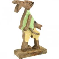 Artikel Paashaas met kind, lentedecoratie gemaakt van hout, konijn vader, paasnatuur, groen, geel H22cm