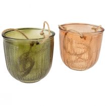 Hangpot glas decoratieve glazen pot retro groen bruin 14,5cm 2st