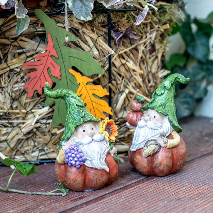 Herfst kabouter pompoen decoratie kabouter figuur assorti H11.5cm 2st