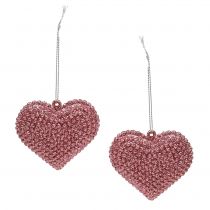 Hart roze om op te hangen met mica 6.5cm x 6.5cm 12st