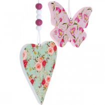 Hanger met bloemenpatroon, hart en vlinder, lentedecoratie om op te hangen H11.5/8.5cm 4st