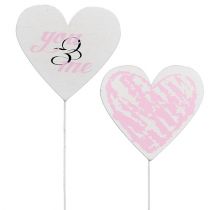 Artikel Hart op stok 7cm wit, roze 12 st