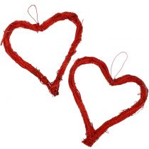 Hart van raffia om op te hangen rood 15cm 8st