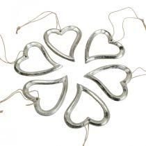 Hart decoratie om op te hangen metalen hart zilver 7,5 x 8,5 cm 6 stuks