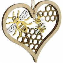 Decoratief hart bijen geel, gouden houten hart om zomerdecoratie op te hangen 6st