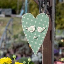 Hart om op te hangen, houten decoratie met vogels, deurdecoratie, lentegroen, geel H22cm set van 3