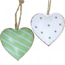 Metalen harten om op te hangen, Valentijnsdag, lentedecoratie, hart hanger groen, wit H3.5cm 10st