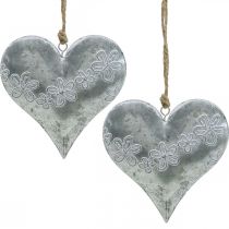 Harten om op te hangen, metalen decoratie met reliëf, Valentijnsdag, lentedecoratie zilver, wit H13cm 4st