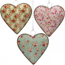 Hart om op te hangen, Valentijnsdag, hartdecoratie met rozen, Moederdag, metalen decoratie H16cm 3st