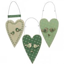 Hart om op te hangen, houten decoratie met vogels, deurdecoratie, lentegroen, geel H22cm set van 3