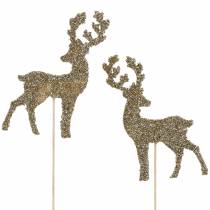 Artikel Decoratieve plug hert glitter goud assorti 8/10cm 18 st