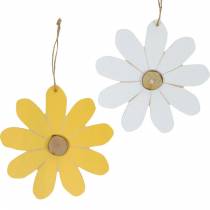 Houten bloemen om op te hangen, lentedecoratie, houten bloemen geel en wit, zomerbloemen 8st