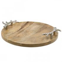 Houten dienblad rond met gewei handvat decoratief dienblad rustiek Ø39cm