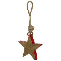 Artikel Houten ster rood, naturel 10cm om op te hangen 1 st