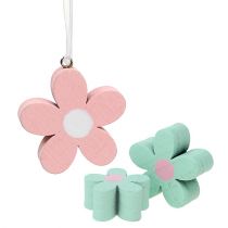 Houten bloemen om op te hangen, strooidecoratie roze, groen 12 st