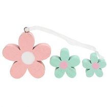 Artikel Houten bloemen om op te hangen, strooidecoratie roze, groen 12 st