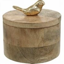 Artikel Sieradendoos met vogel, veer, decodoos van mangohout, echt hout naturel, goudkleurig H11cm Ø12cm