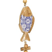 Artikel Houten vis om op te hangen bel natuurlijk blauw wit H46cm