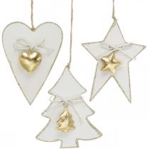 Artikel Kersthanger hart / spar / ster, houtdecoratie, boomdecoratie met belletjes wit, goud H14.5 / 14 / 15.5cm 3st
