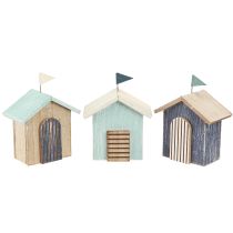 Artikel Houten huis strandhuis decoratie naturel blauw H9,5cm 3 st