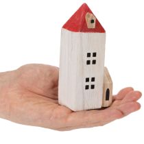 Artikel Decoratieve houten huisjesset, rood en wit, meerdelige winterdecoratie, 13 cm, 6 stuks