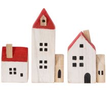 Artikel Decoratieve houten huisjesset, rood en wit, meerdelige winterdecoratie, 13 cm, 6 stuks