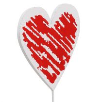 Houten hart op de stok 7cm x 7cm wit, rood 12st