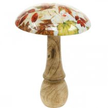 Houten paddestoel deco herfstbladeren wit, kleurrijke herfstdecoratie Ø13cm H19cm