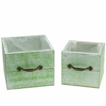 Artikel Plantenbak houten lade licht groen 15x15/12x12cm set van 2