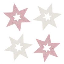 Houten ster 3,5 cm roze / wit met glitter 72st