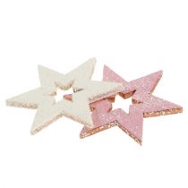 Houten ster 3,5 cm roze / wit met glitter 72st