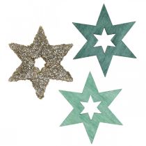 Artikel Strooidecoratie houten ster groen, glitter poinsettia mix 4cm 72 st