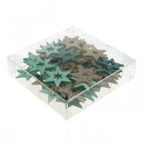 Artikel Strooidecoratie houten ster groen, glitter poinsettia mix 4cm 72 st
