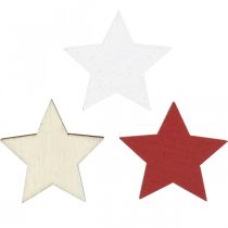 Artikel Strooidecoratie houten sterren naturel, rood, wit 3cm mix 72 stuks
