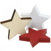 Artikel Strooidecoratie houten sterren naturel, rood, wit 3cm mix 72 st