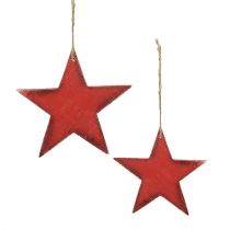 Artikel Houten sterren om op te hangen 9 / 13cm rood 12st