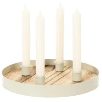 Artikel Kandelaar voor vier taps toelopende kaarsen, ronde houten schaal, 25 cm